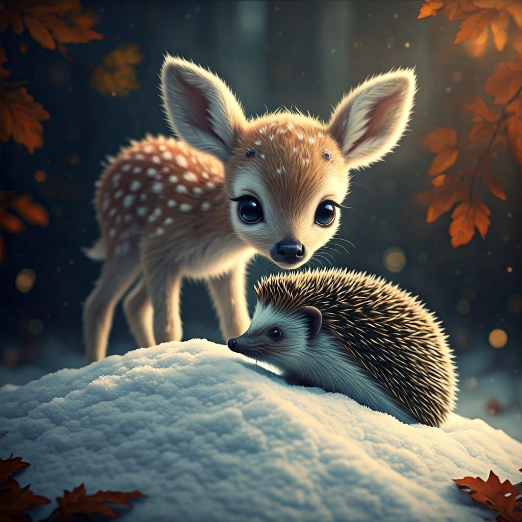 Whimsical Winter Wonderland with Curious Baby Deer and Hedge...