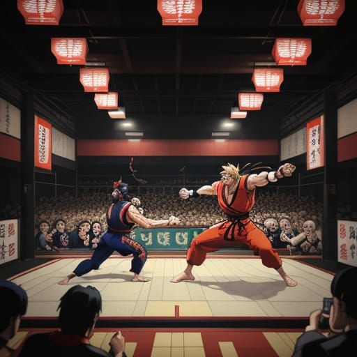 Ryu and Ken Fight in Ukiyo-e Style Cage Match
