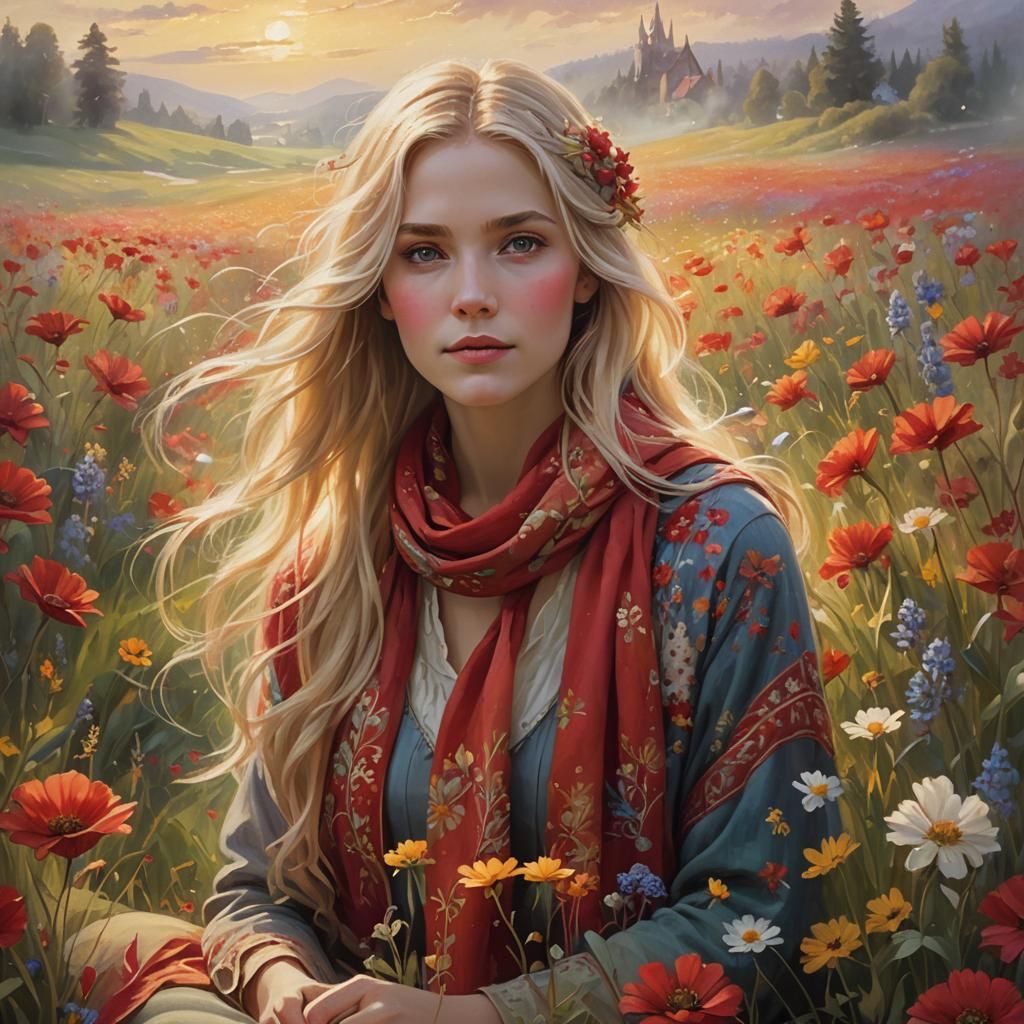 Ethereal Woman in Flower Field as Oil Painting
