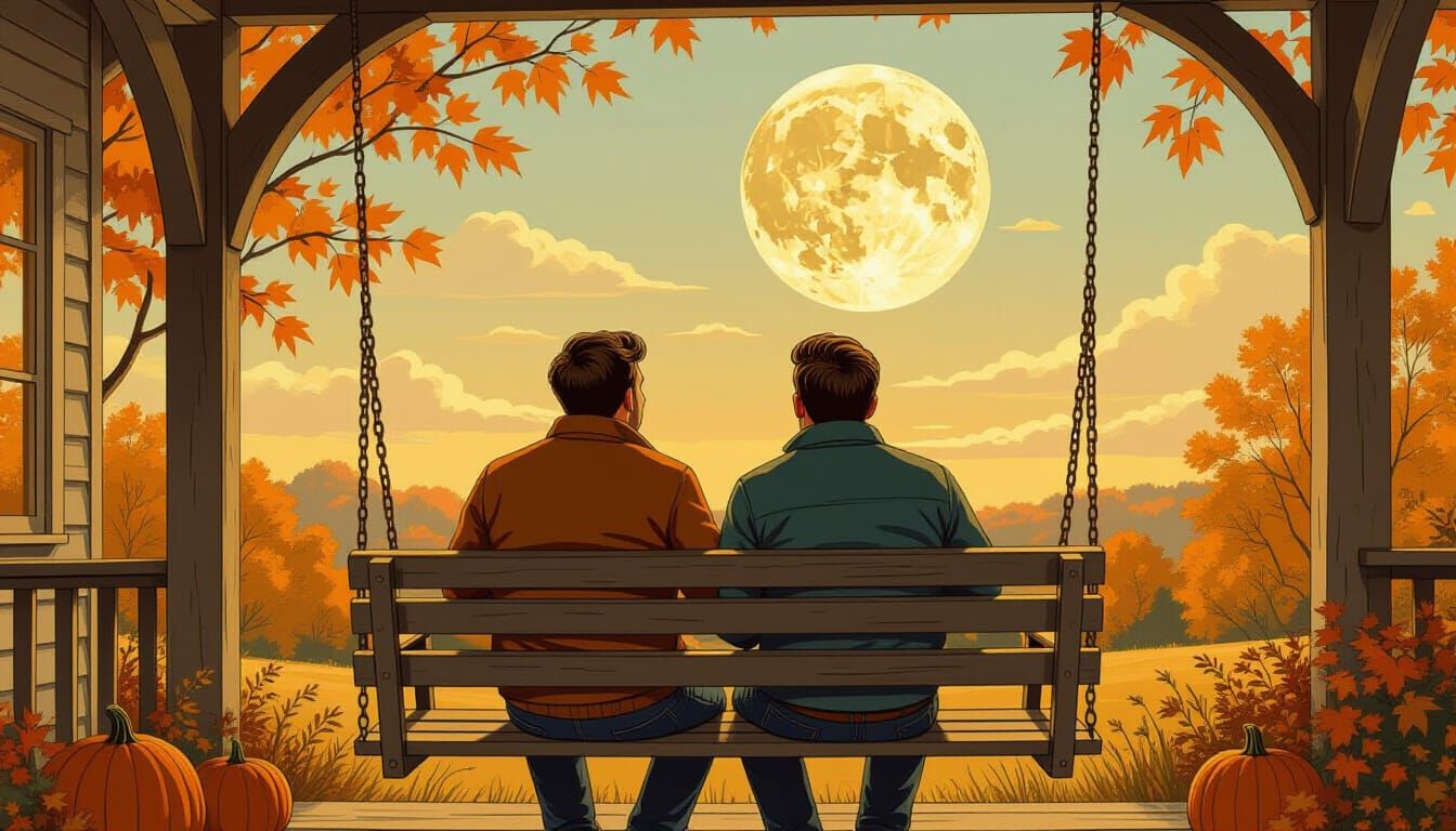 Gay Couple on Porch Swing Under Harvest Moon