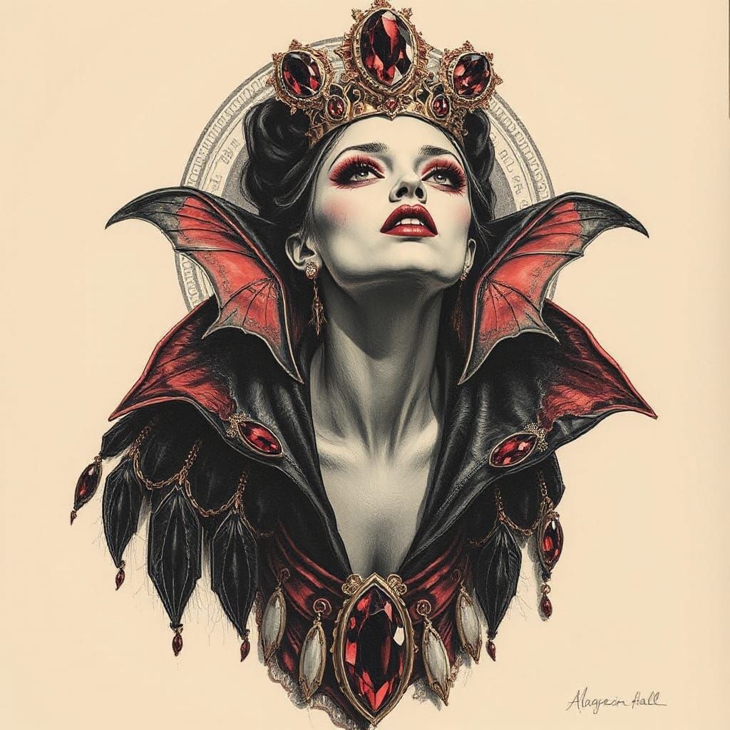 Ruby Bejeweled Vampire Queen in Art Nouveau Style
