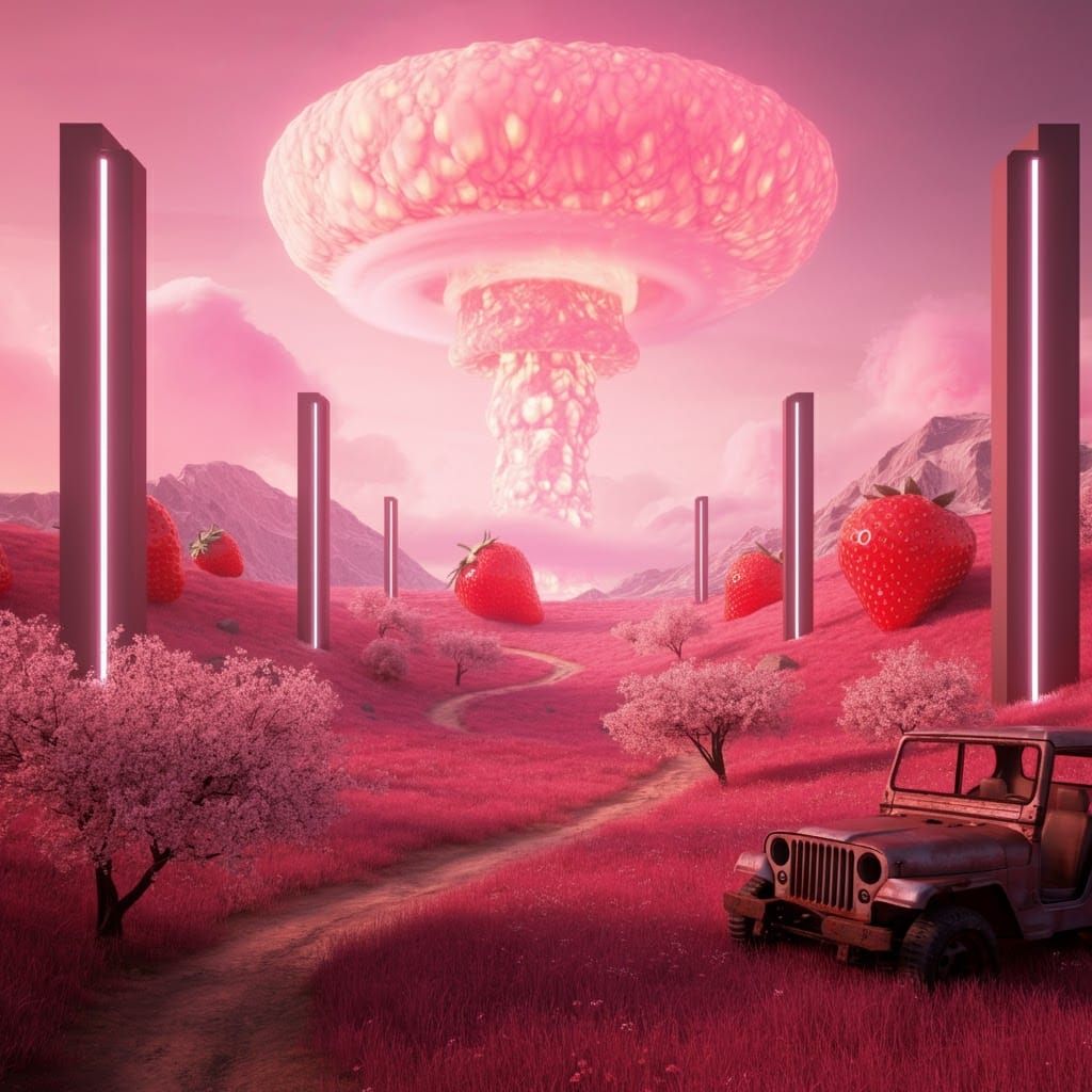 Surreal Pink Landscape with Mushroom Cloud