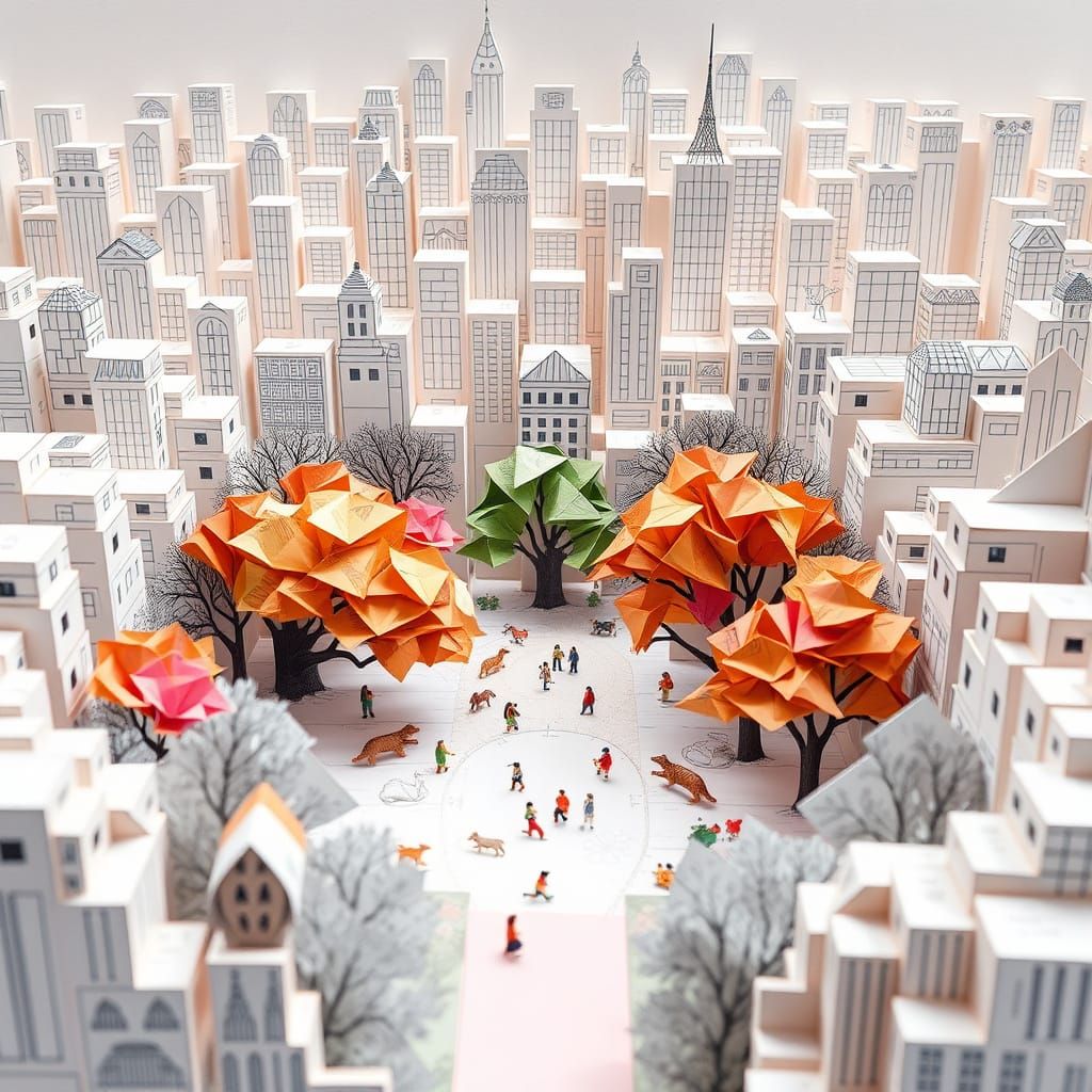 Papercraft Cityscape with Origami Trees and Pop-Up Books