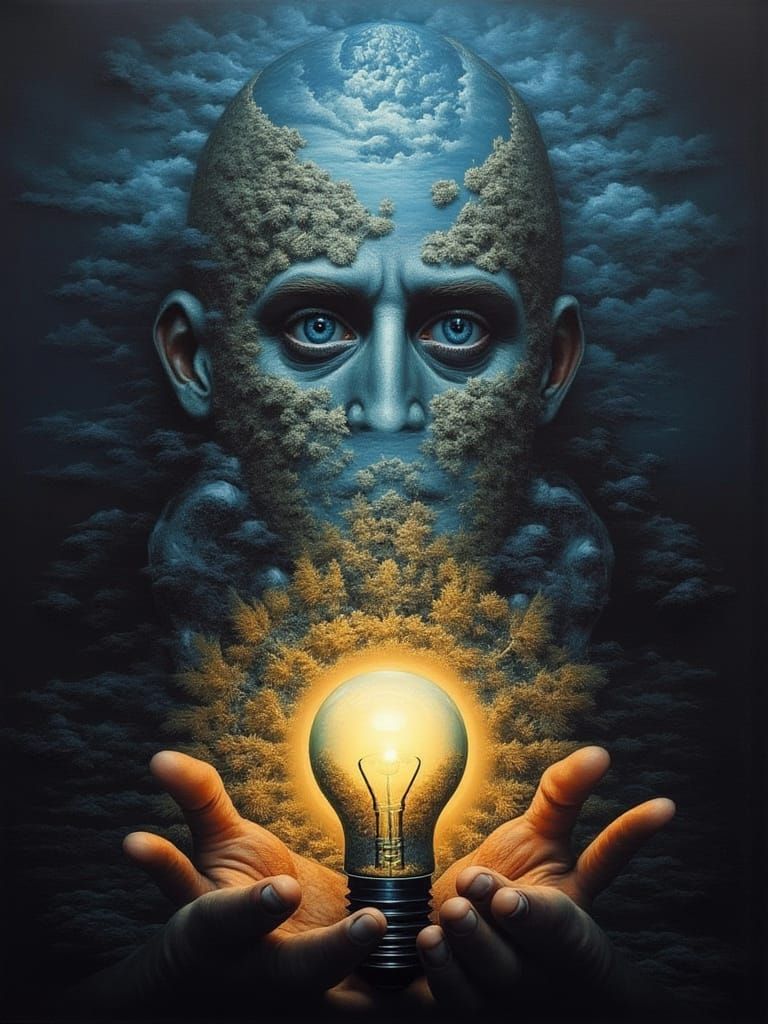 Man Holds Garden Sunset Inside Lightbulb, Electric Lightning