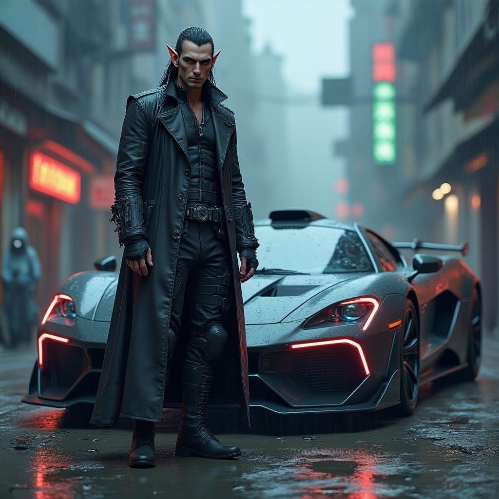 Cyberpunk Elf with High-Tech Sports Car in Gritty Urban Land...