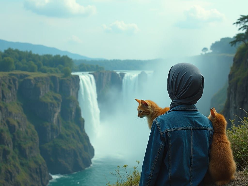 Elegant Hijab-Clad Woman Surveys Majestic Waterfall Landscap...