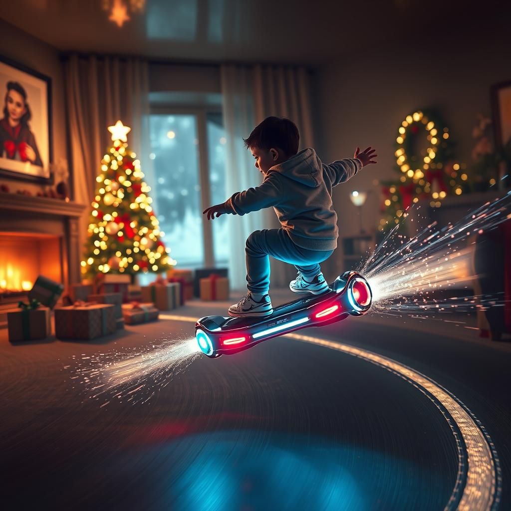 Toddler on Futuristic Hoverboard in Sci-Fi Christmas Scene