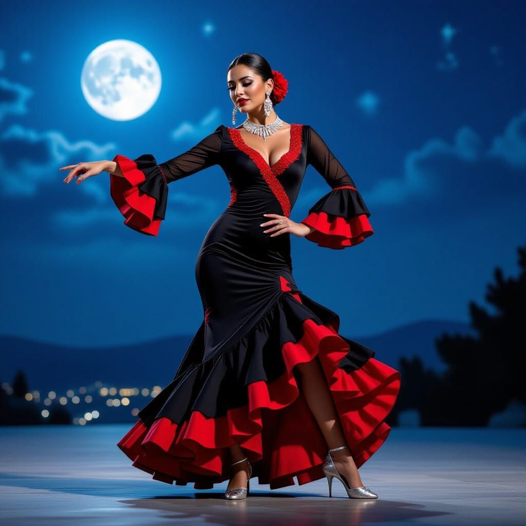 Hispanic Flamenco Dancer Under Moonlit Sky