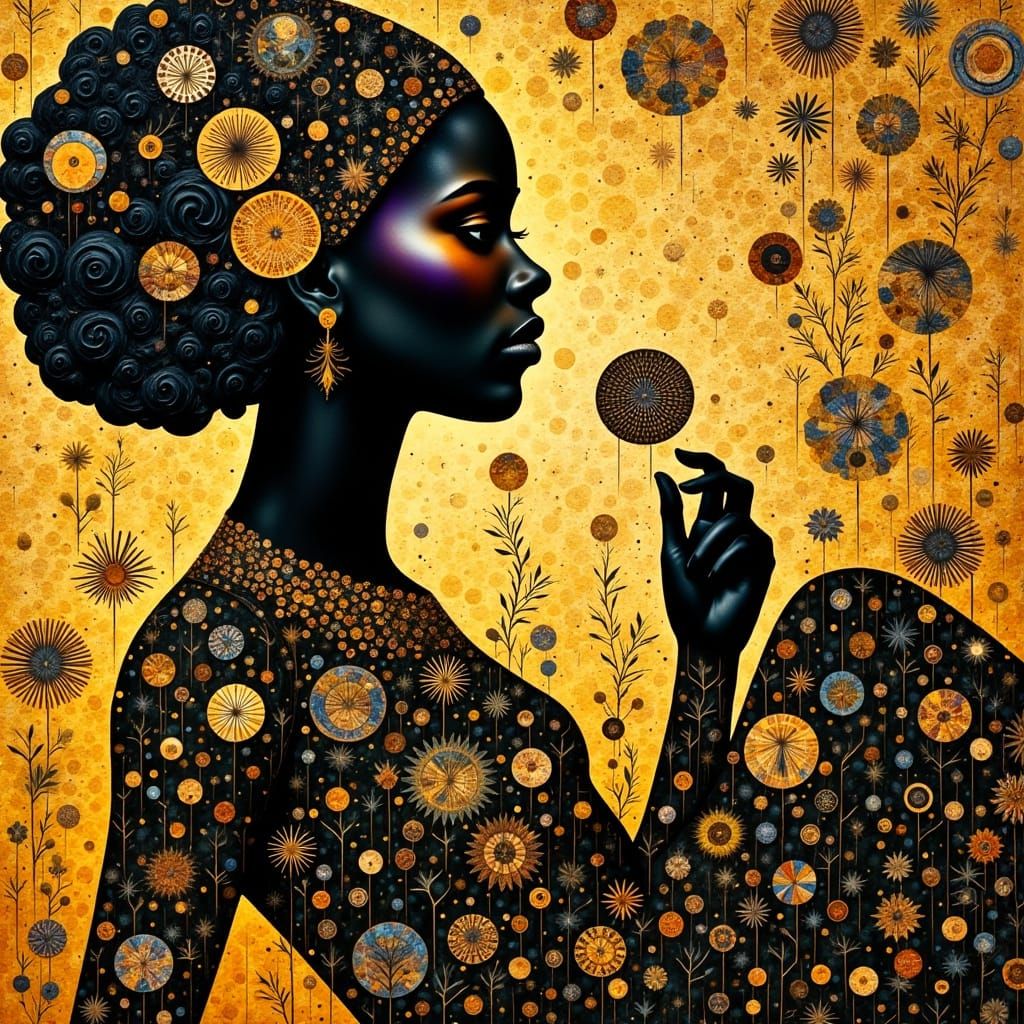 <lora:Abstract Reality:1.0> Theoretical Image Perfection African Goddess Fantasy Kintsugi Moonlight Gustav Klimt