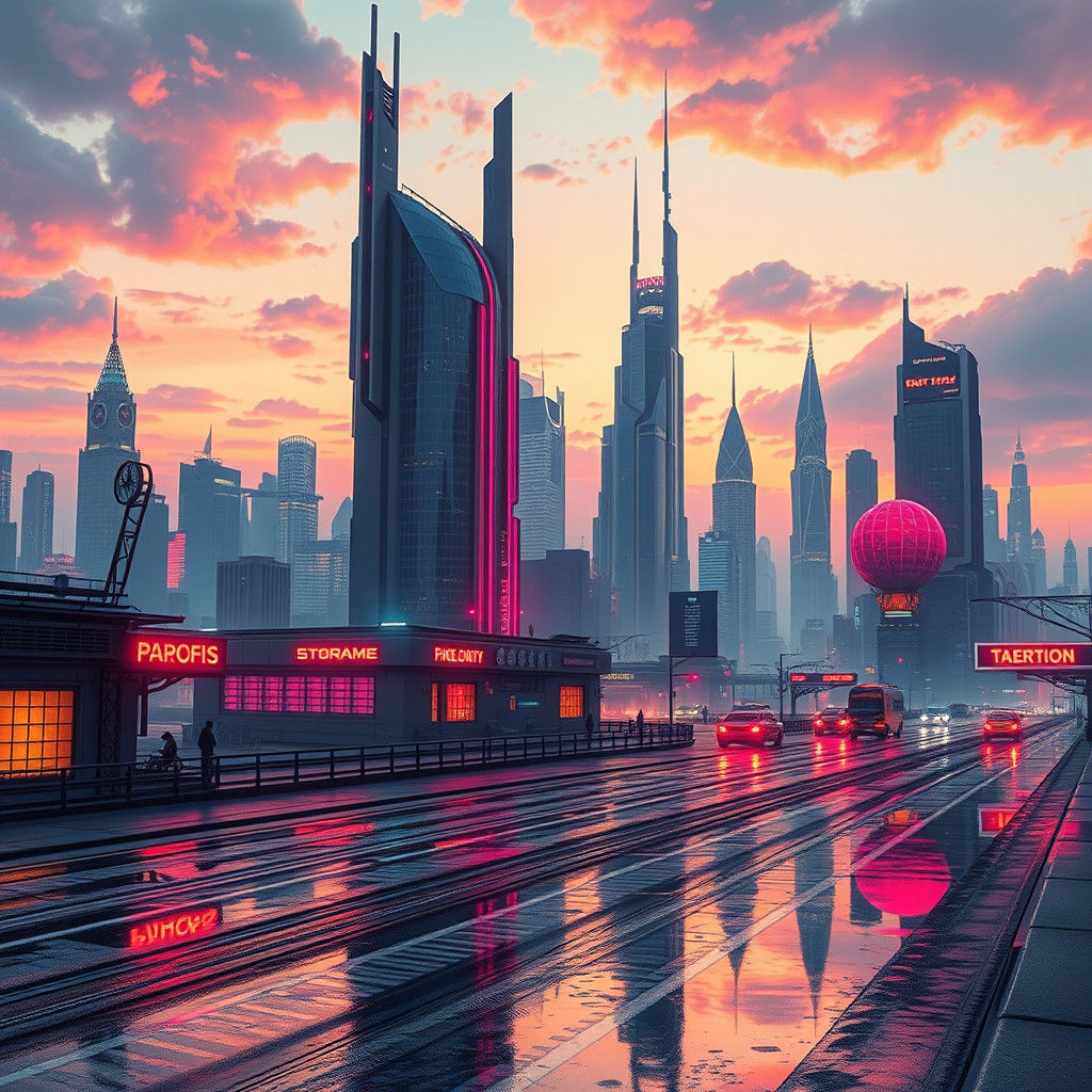 Futuristic Cityscape at Dusk in Retro-Futuristic Style