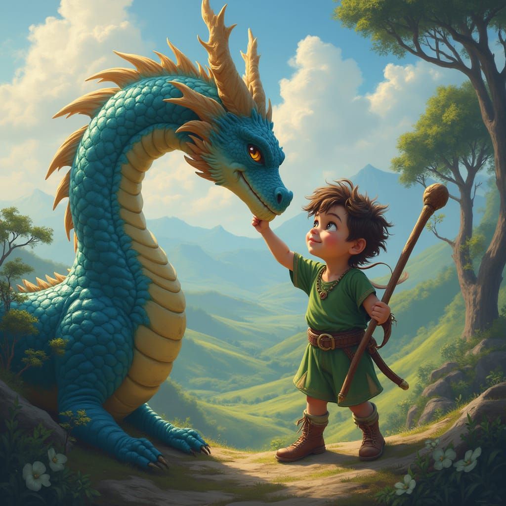Boy Plays with Majestic Dragon in Dreamlike Landscape