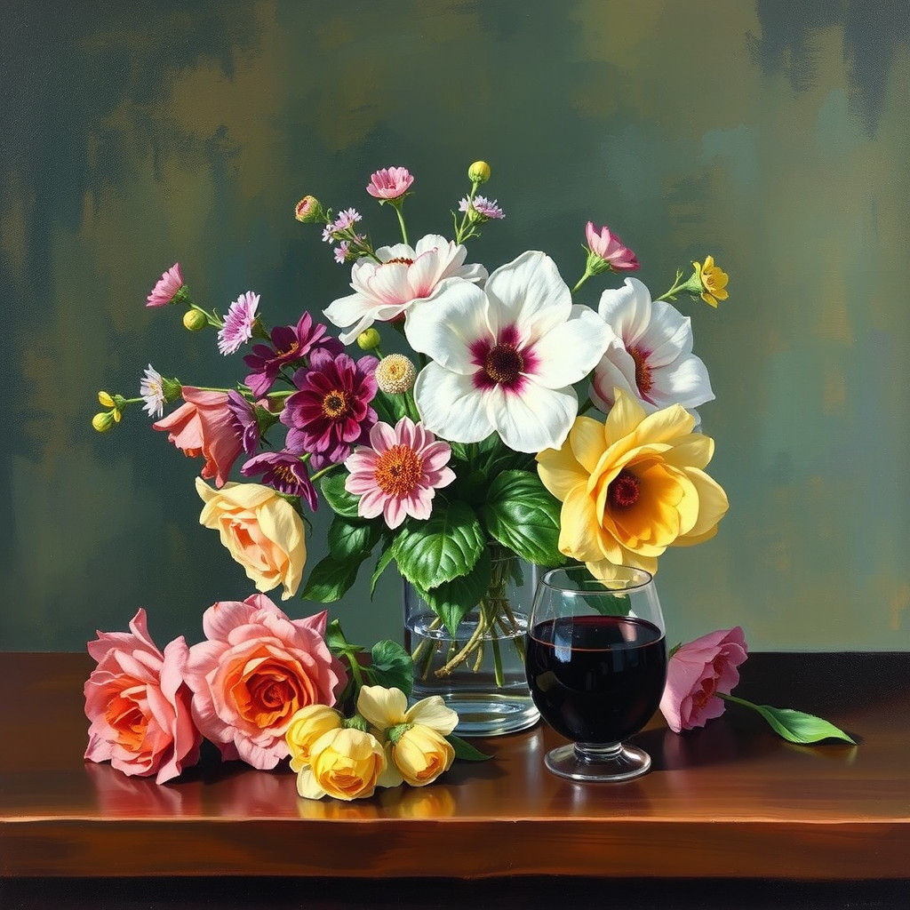 Floral Still Life in Japanese Woodblock Style