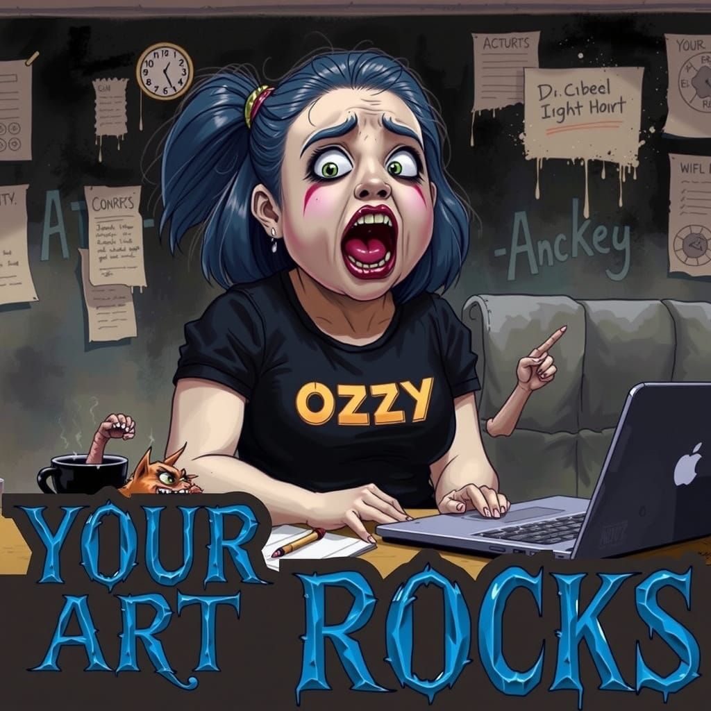 In the style of R. CRUMB, at the BOTTOM of the canvas floats...