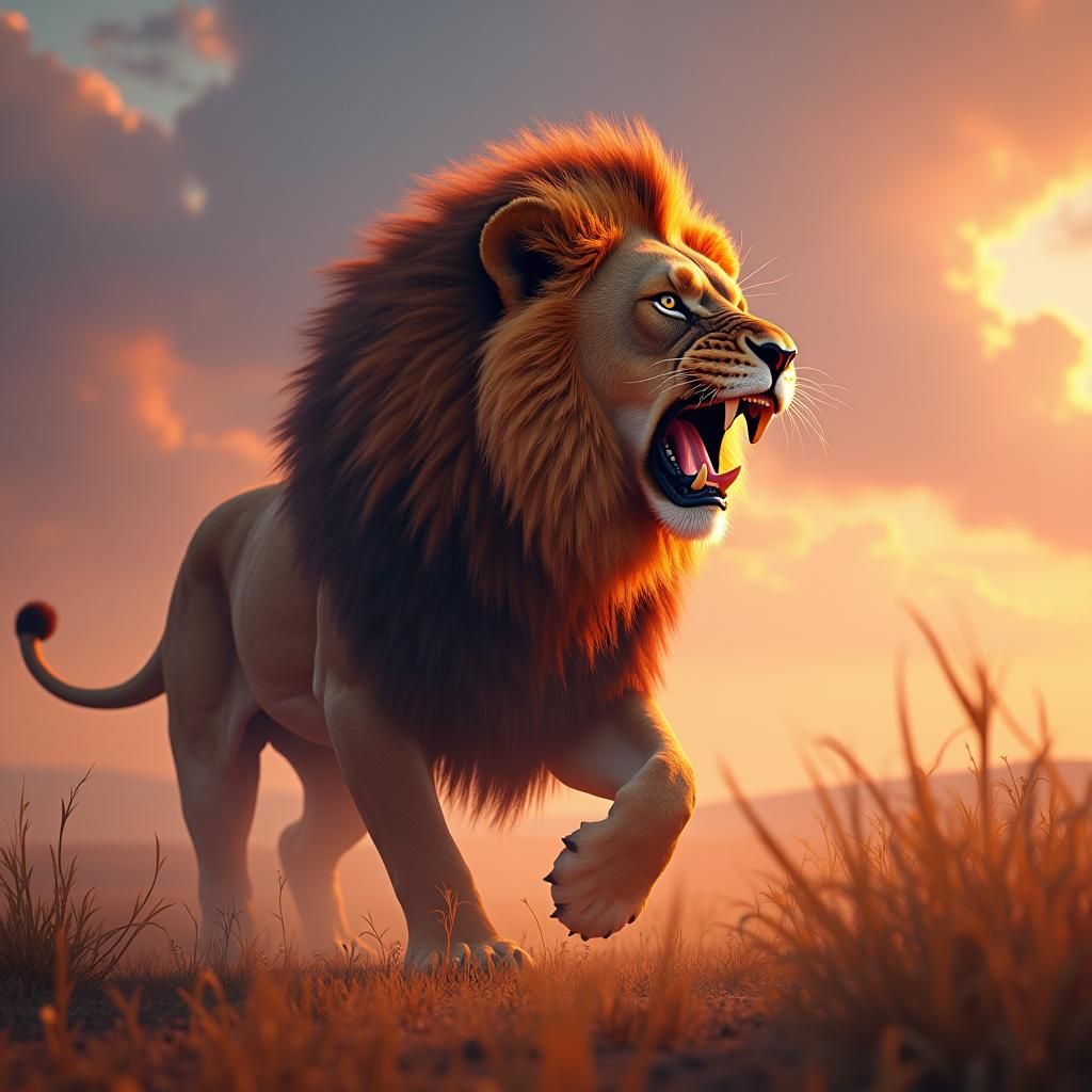 Majestic Lion Roaring in a Vibrant Savannah