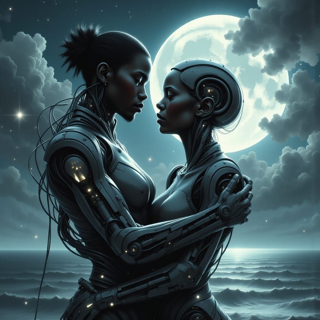 Surreal Embrace: Man and Robot Under Moonlit Ocean