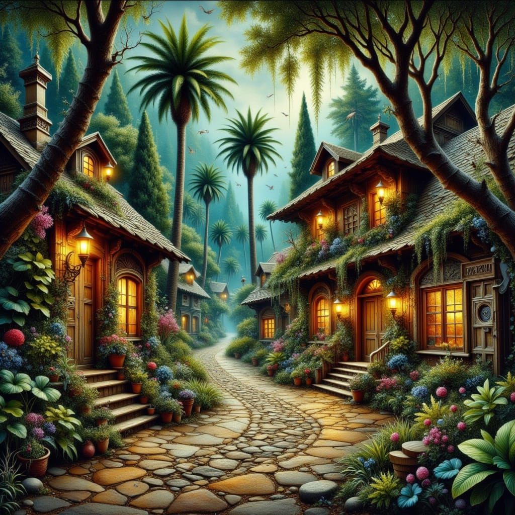 Dreamlike Mediterranean Village in Enchanted Forest with Int...