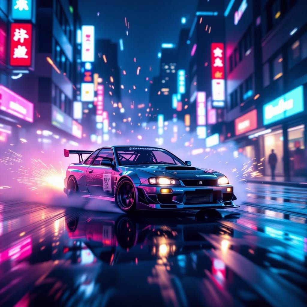 Cinematic Drift Through Neon Wet Streets