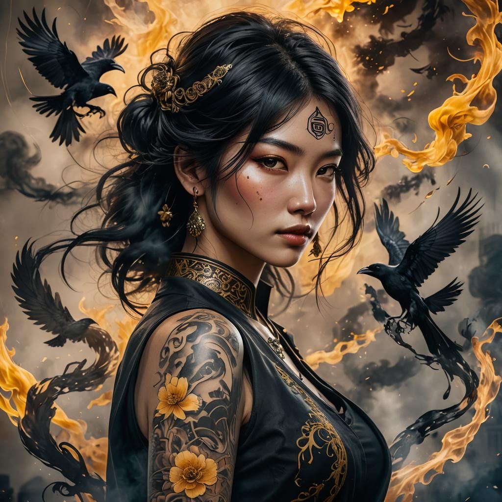 Woman with Crow Tattoo in Hyperdetailed Photo