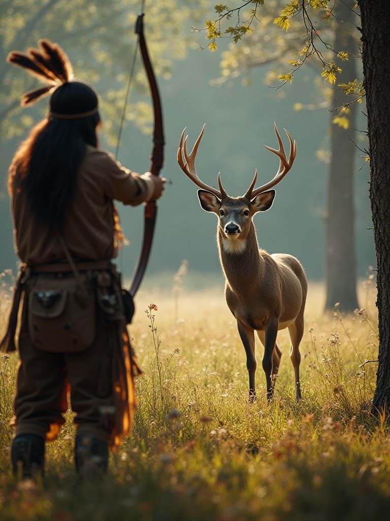 Young Native American Archer Aims at Majestic Buck Deer