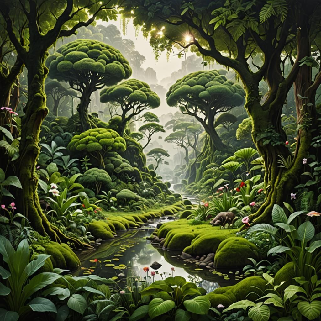 Lush Ecosystem Depicting Nature and Humanity