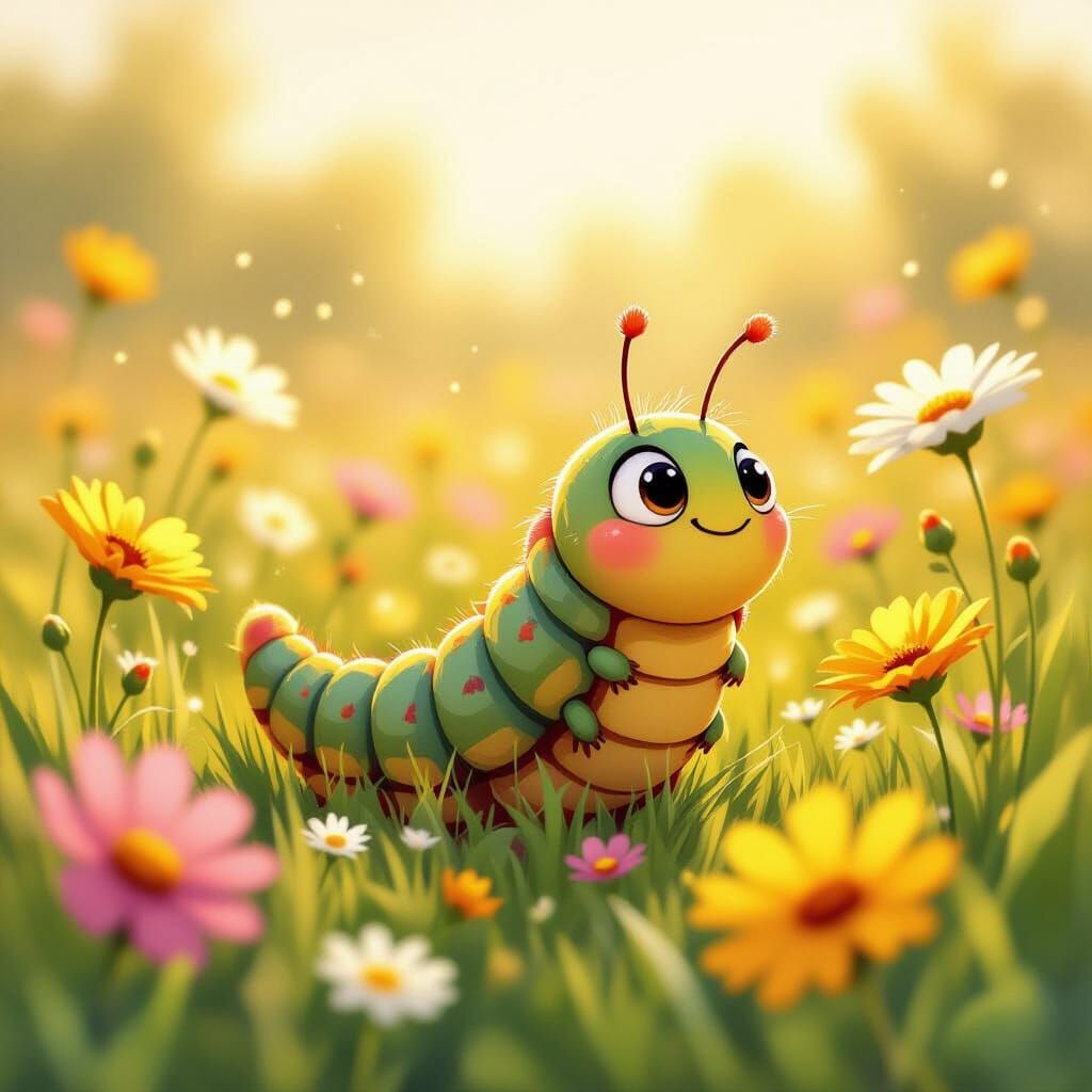 Cartoon Caterpillar in Vibrant Watercolor Meadow