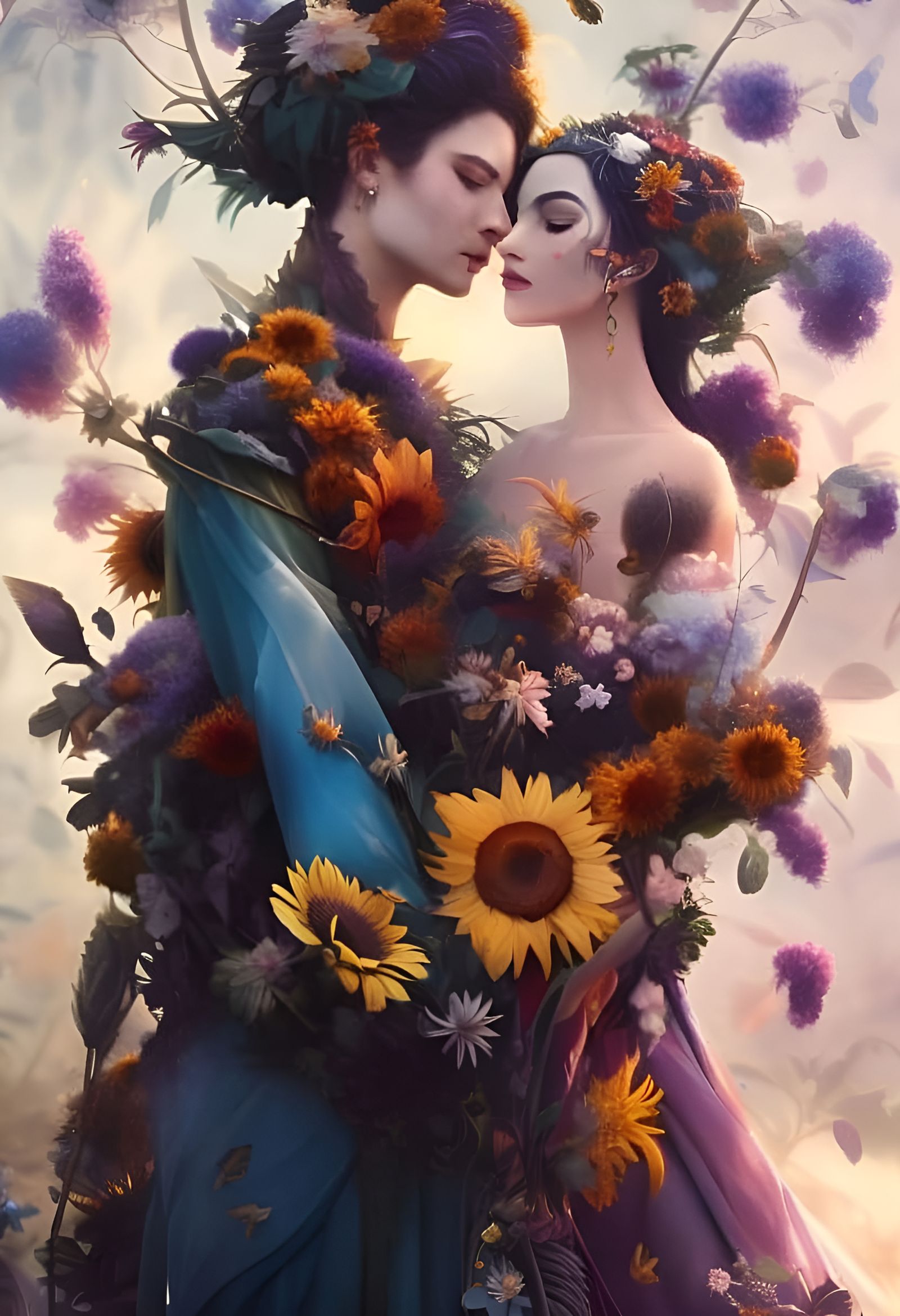 Gods of Life and Growth Embrace in Floral Landscape