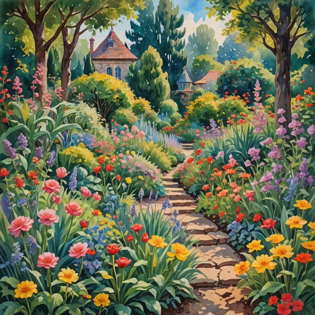 Garden Beyond Time in Gouache Watercolor Style