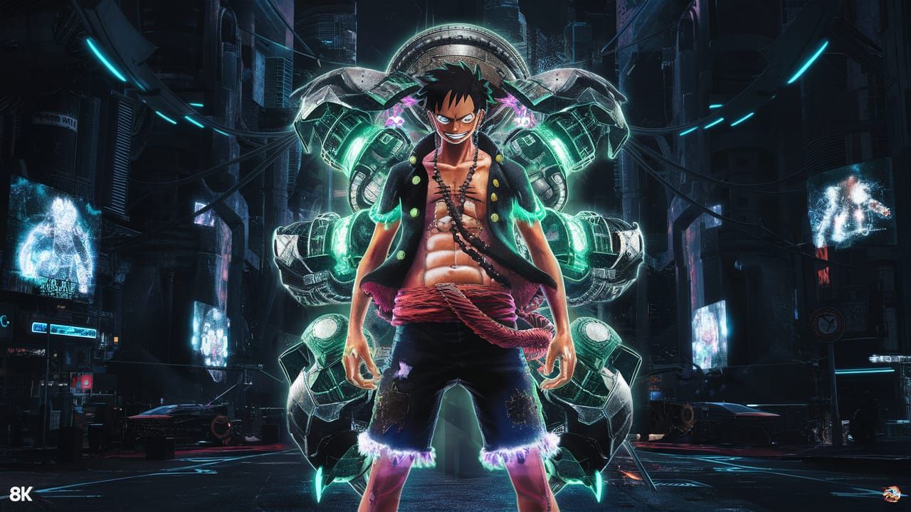 Luffy half cyber modified in a dark techno city 8K resolution HDR