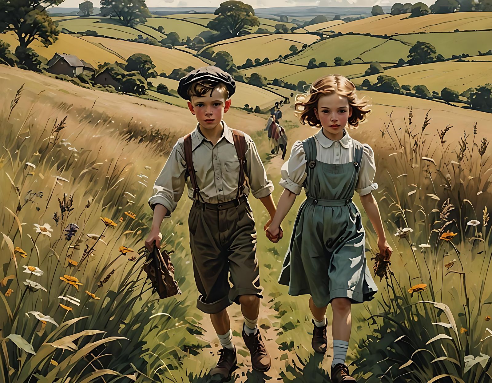 Children Strolling Through Field in Vintage Style