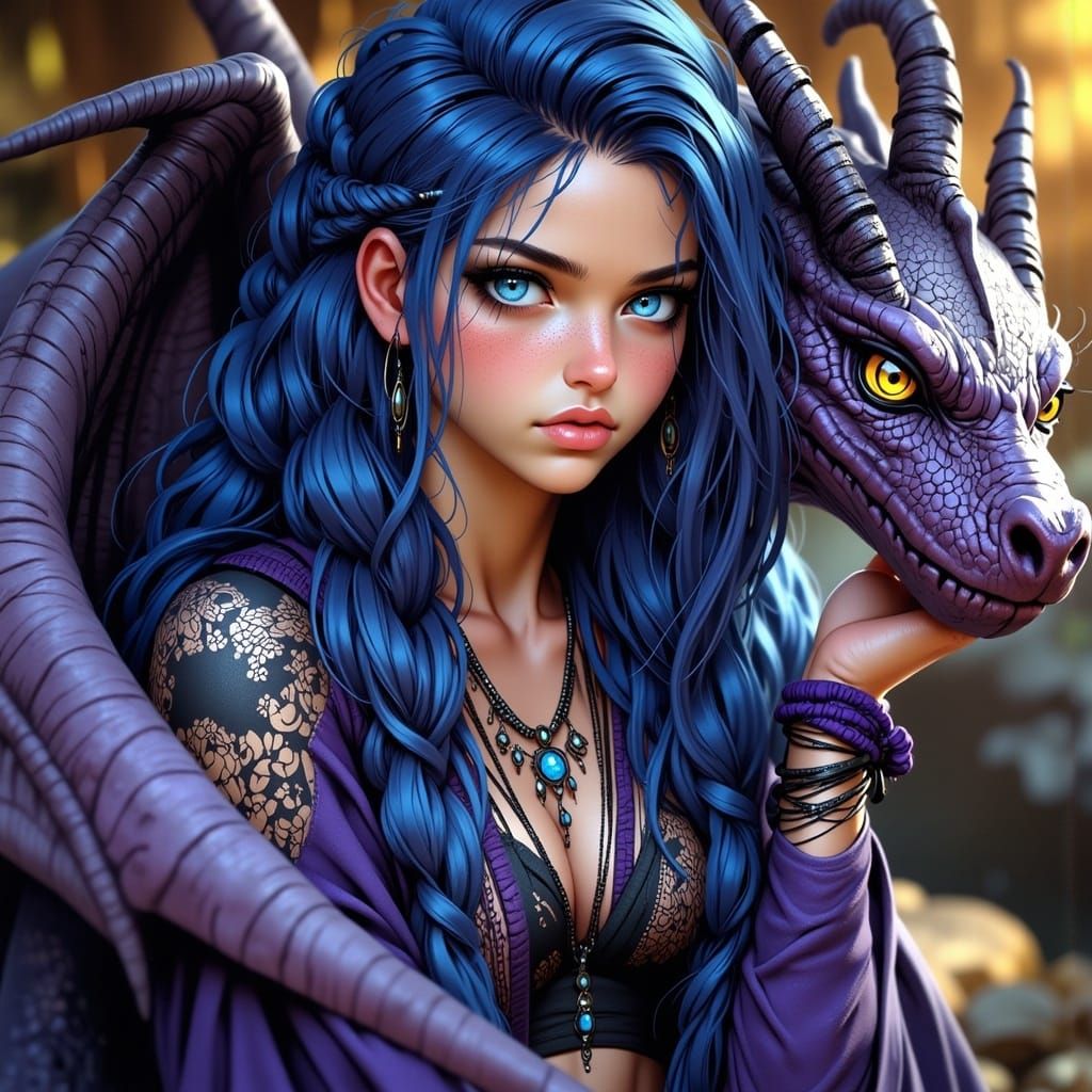 Woman with Dragon Friend, Hyperdetailed Illustration