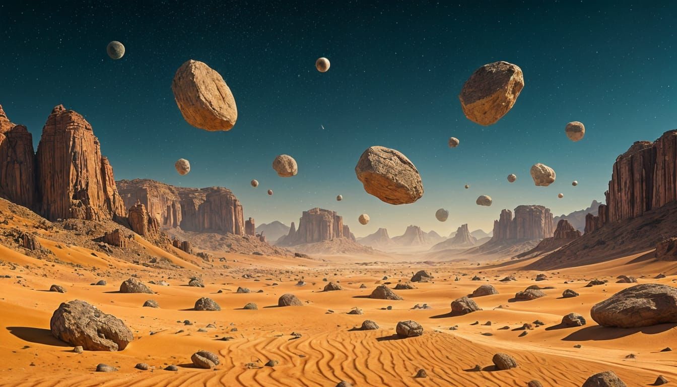 Sci-Fi Desert Landscape with Floating Rocks