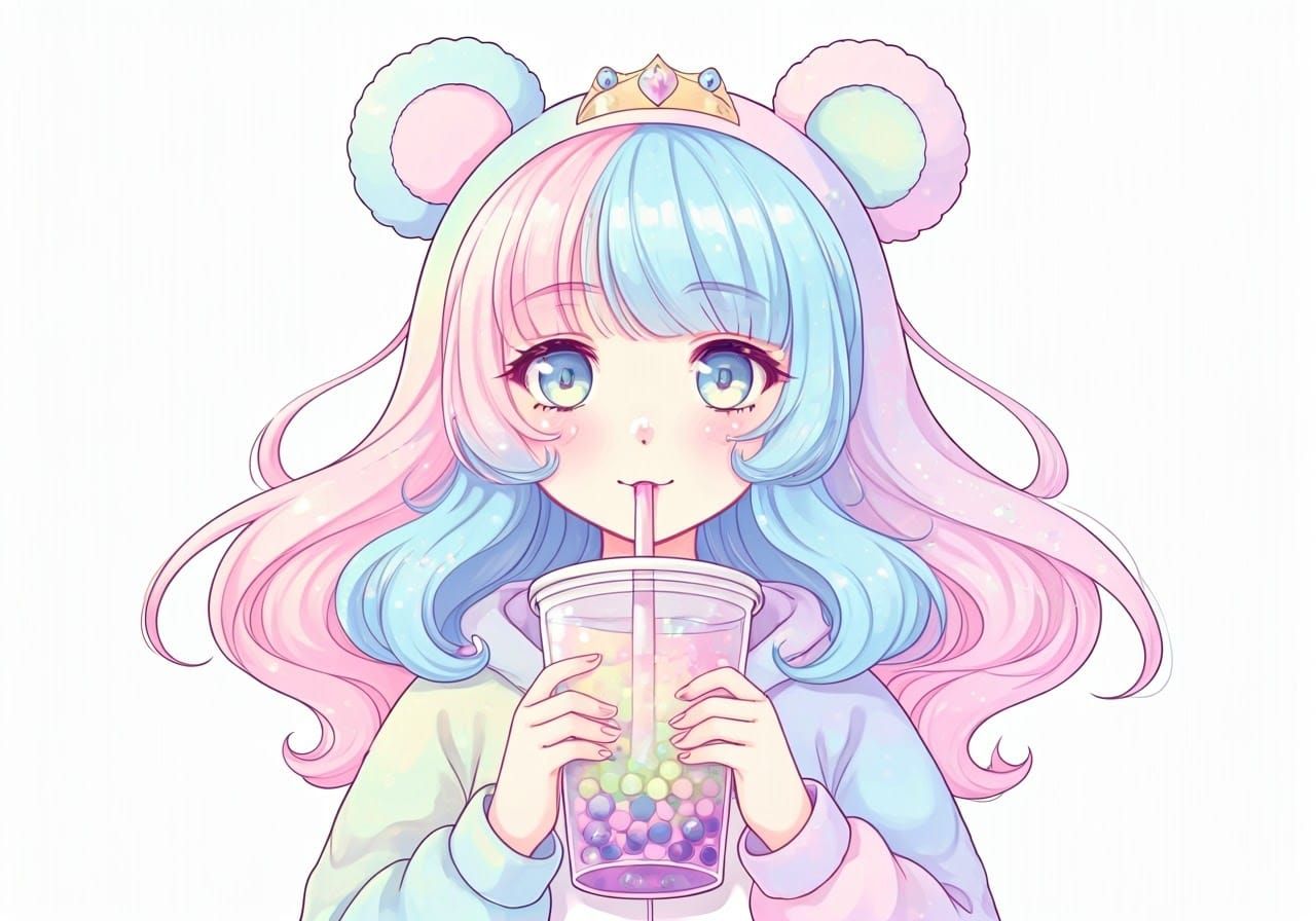 Pastel Rainbow Kawaii Princess with Boba Tea