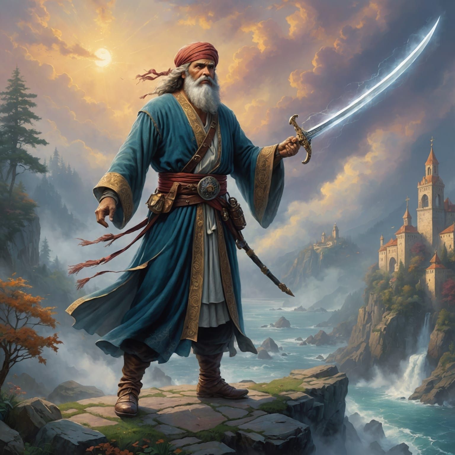 Ethereal Holy Man with Scimitar in Fantasy Mist