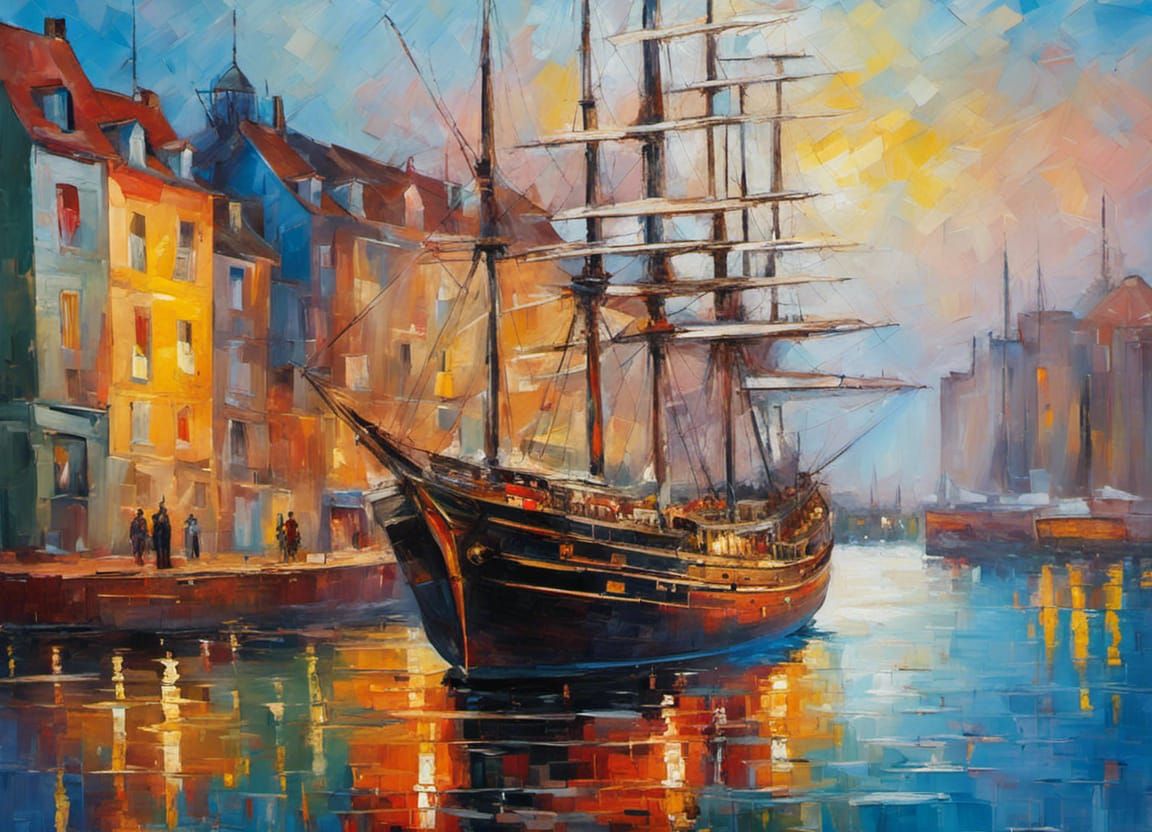 Sailing Ship Arriving at Port, Expressionist Oil Painting