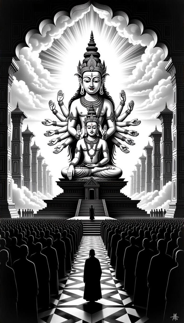 Spiritual Scene Charcoal Drawing with Deity and Ancient Arch...