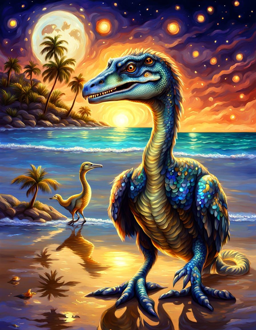 Velociraptor in Tropical Paradise with Adorable Duck