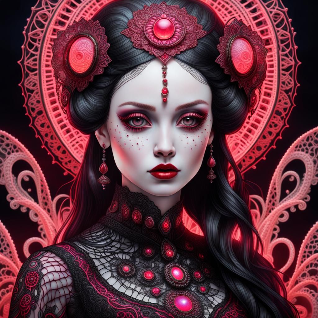 Gothic Woman Portrait with Red Filigree and Neon Accents