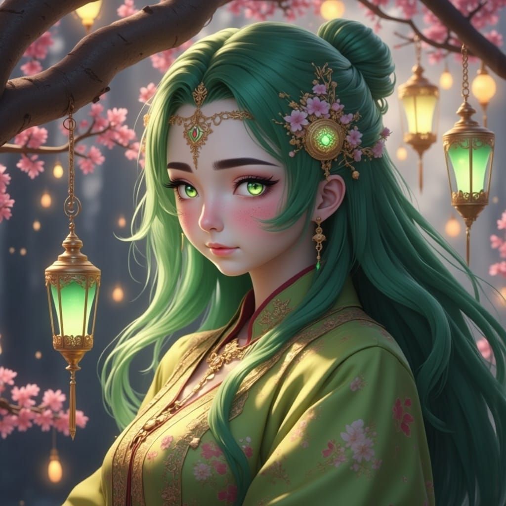 Ethereal Panda Girl in Vibrant Mysterious Forest