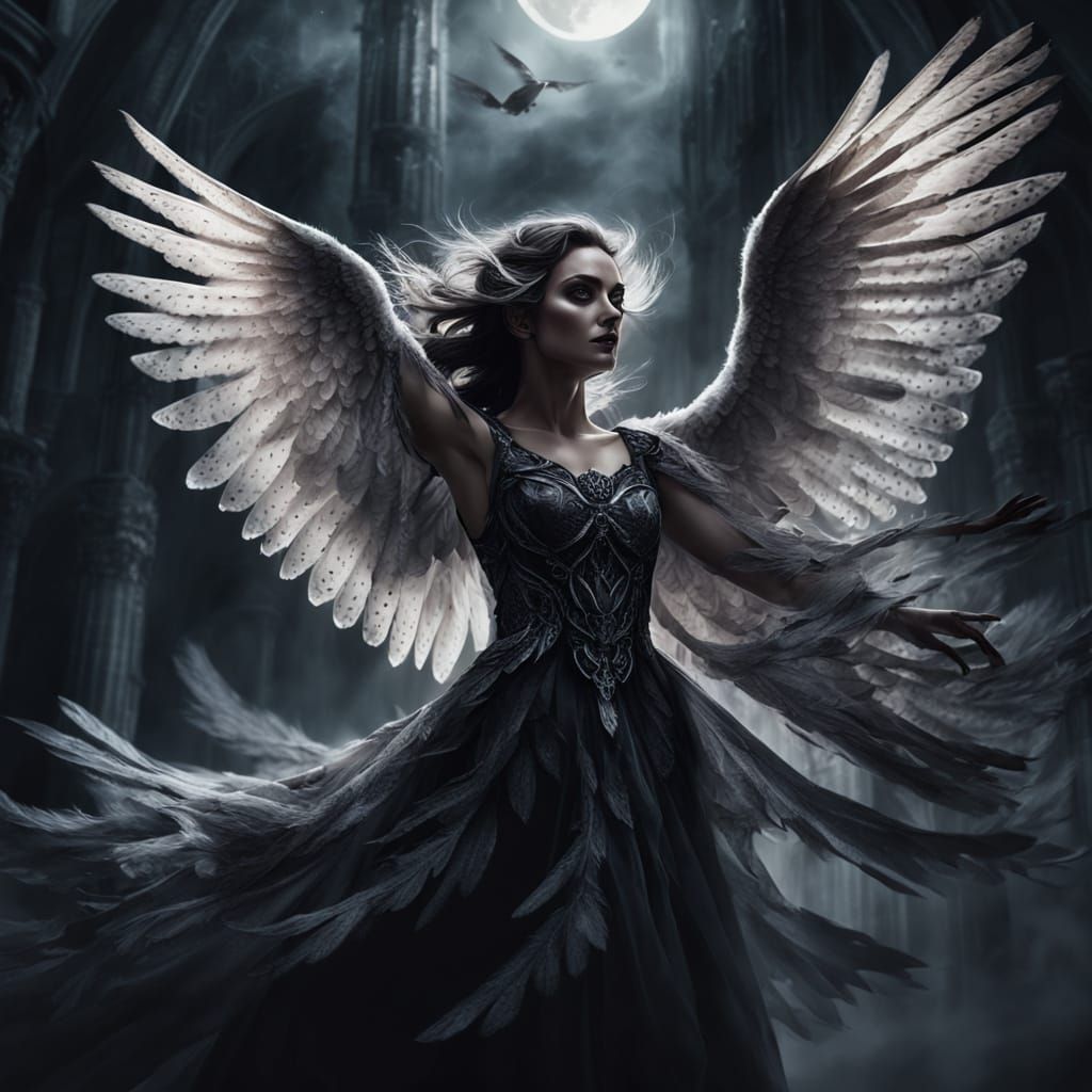 Owl-Winged Woman Flies in Dark Fantasy Art