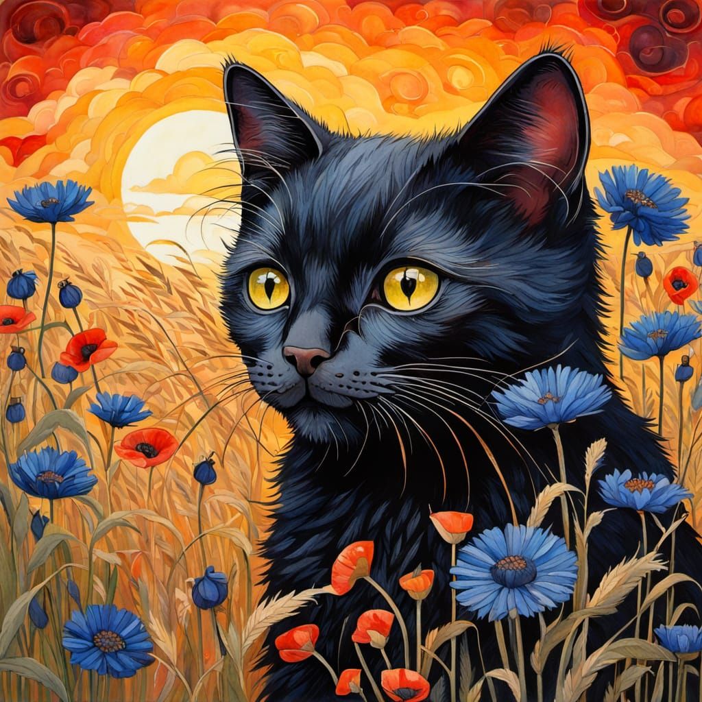Black Cat in Wheat Field, Klimt Style