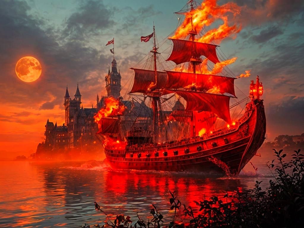 Burning Ship at Red Castle in Fiery Night