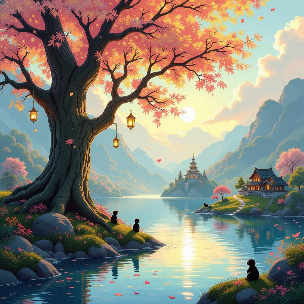 Dreamy Valley with Translucent Tree in Hyperrealistic Style