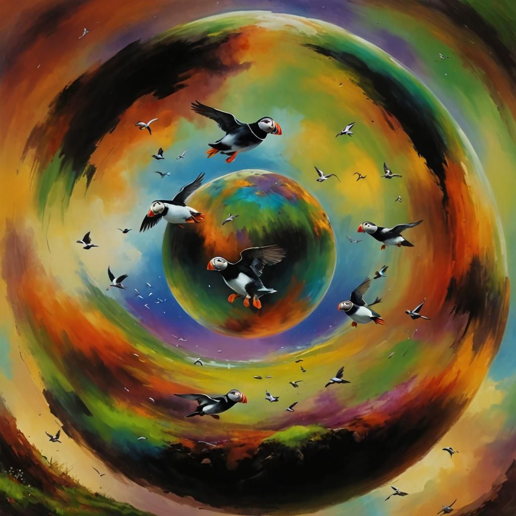Puffins Flying from the Earth