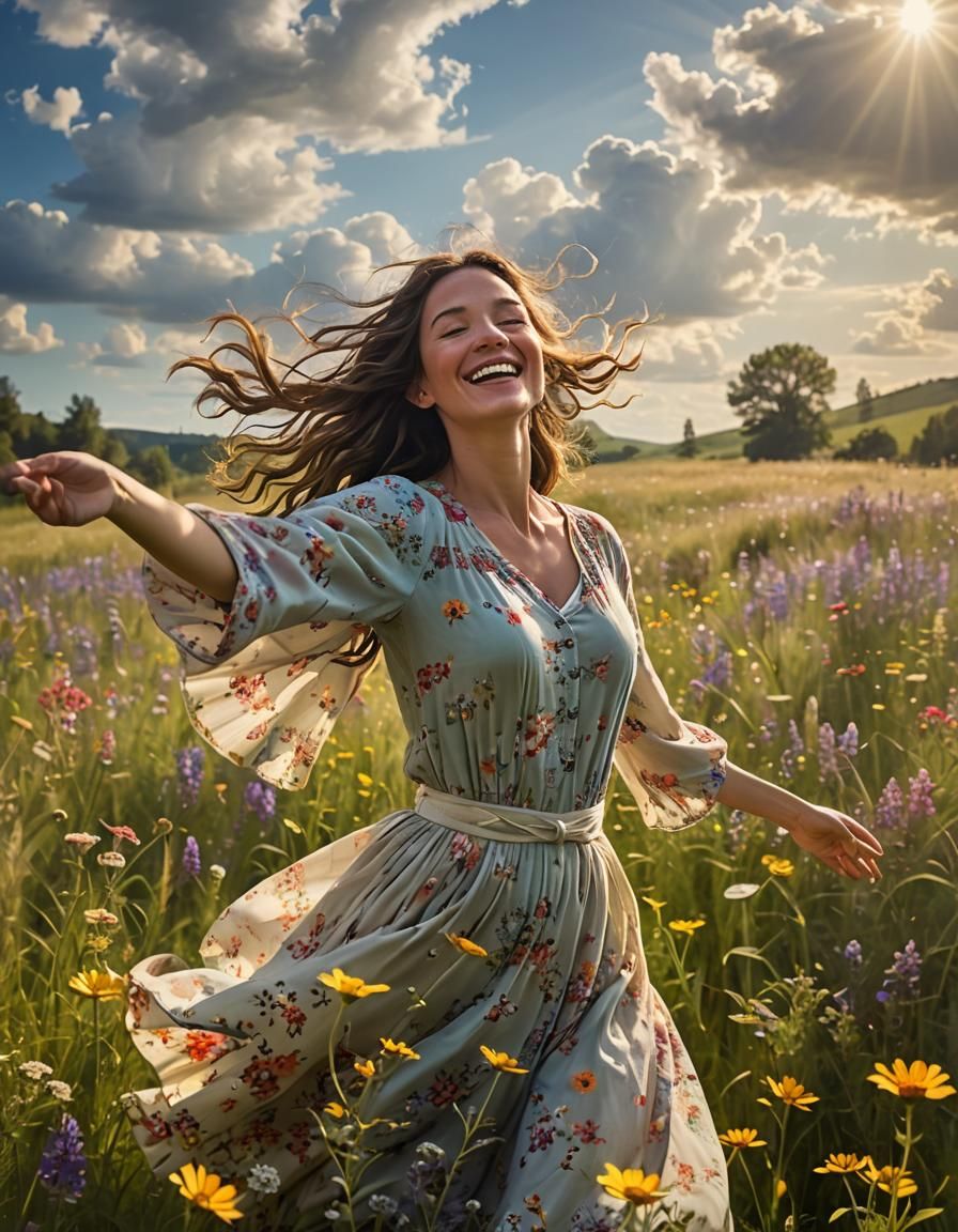 Joyful Woman Dancing in Sunny Meadow