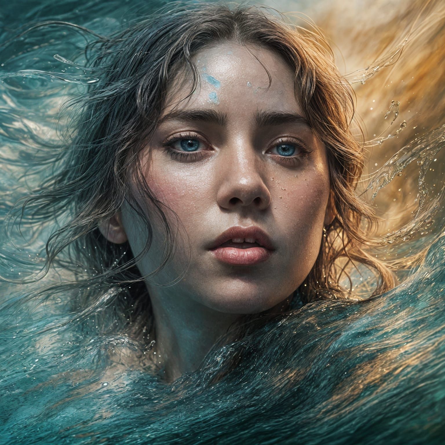 Ethereal Portrait in Vibrant, Splashy Water Elements