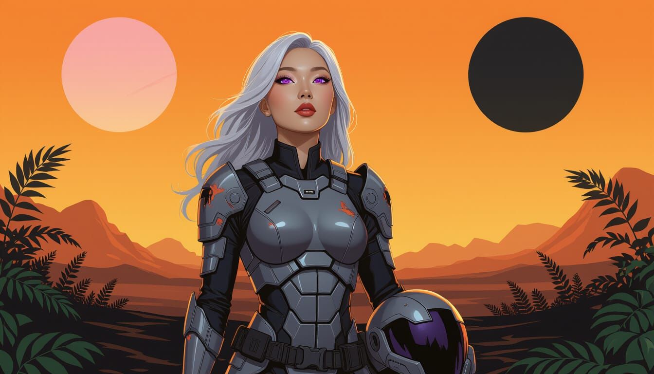 Chinese Woman in Futuristic Armor on Alien Planet