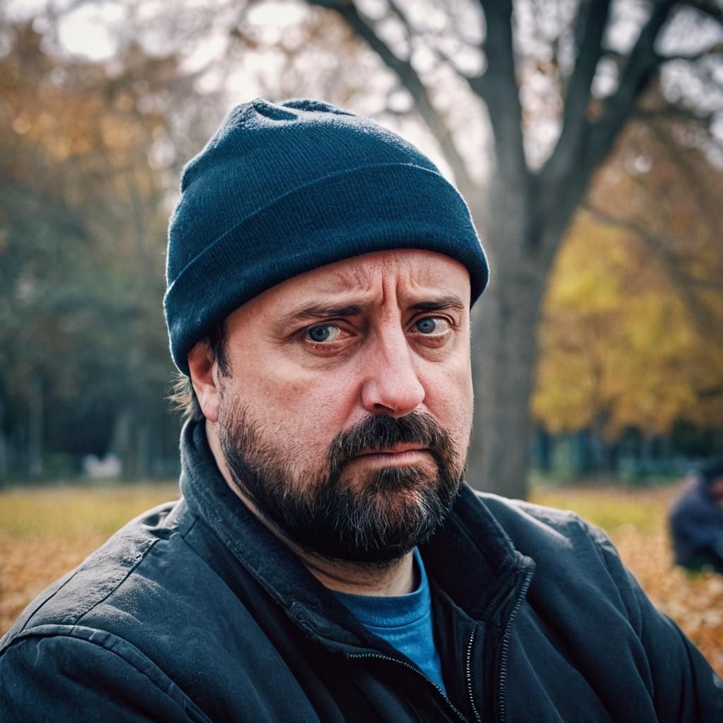 Homeless Man Portrait in Autumn Park