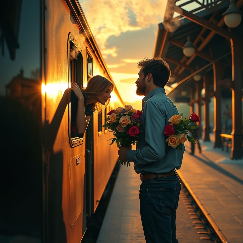 Train Station Kiss: Golden Hour Farewell
