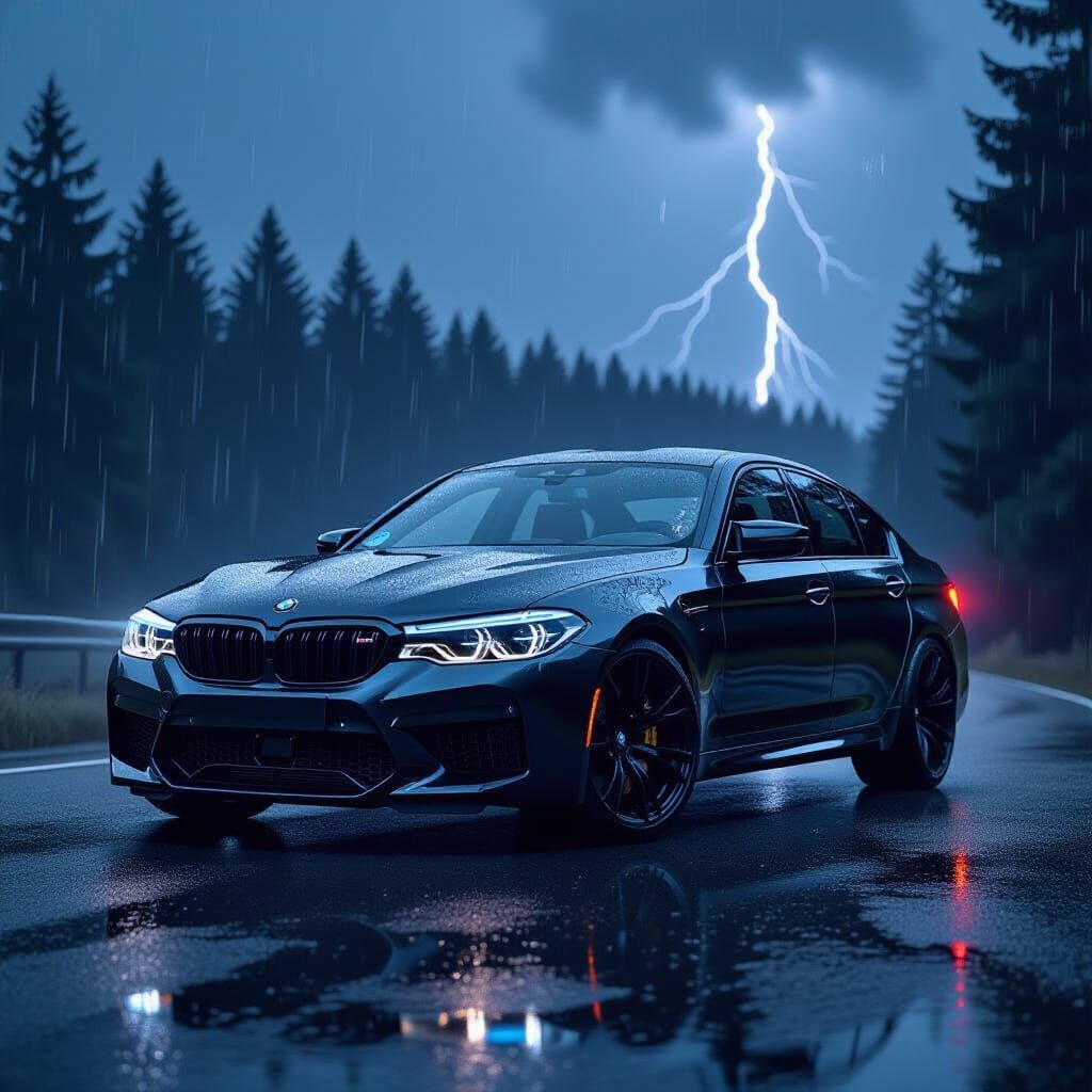 Black BMW M5 on Wet Road in Dramatic Lighting