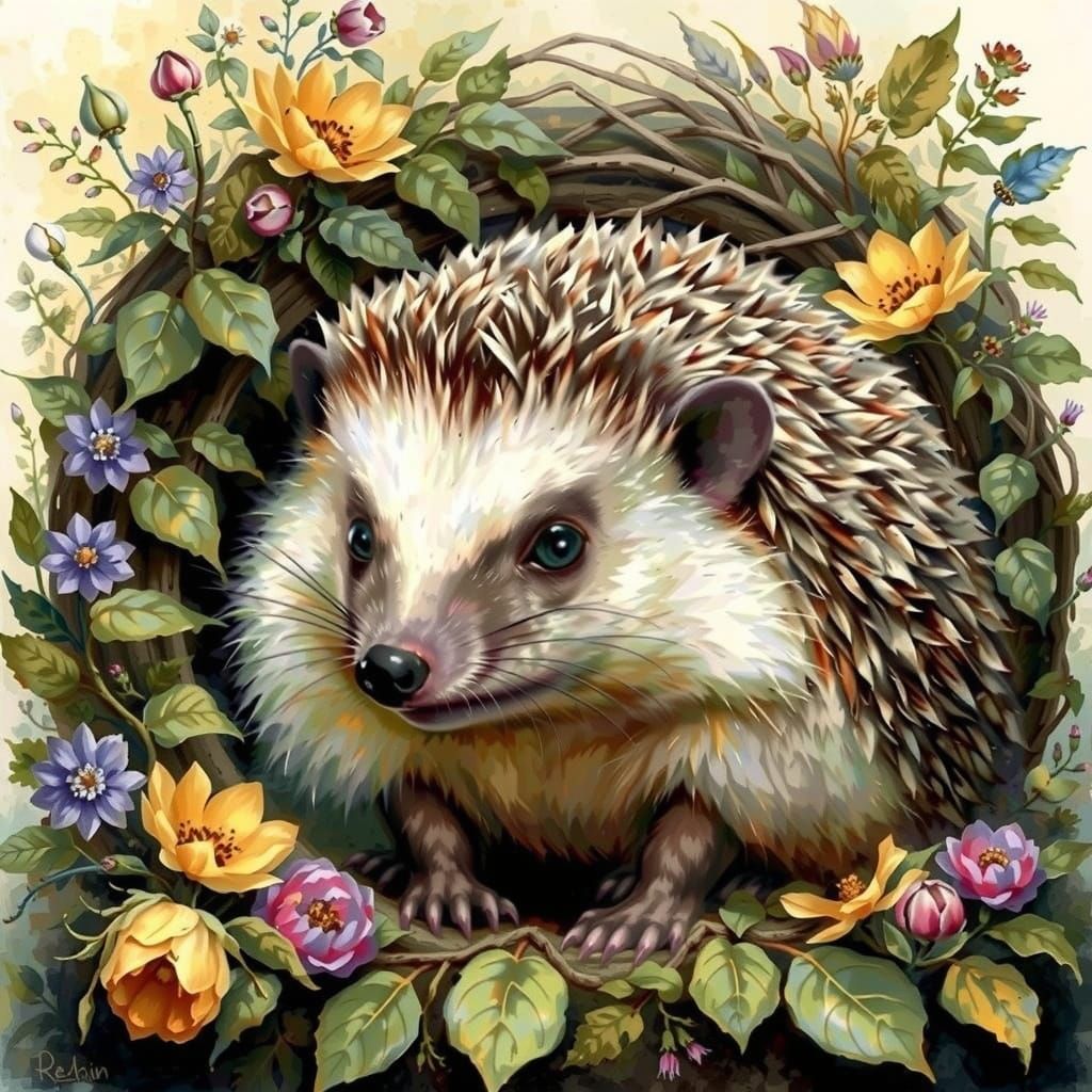Serene Hedgehog in Whimsical Floral Frame